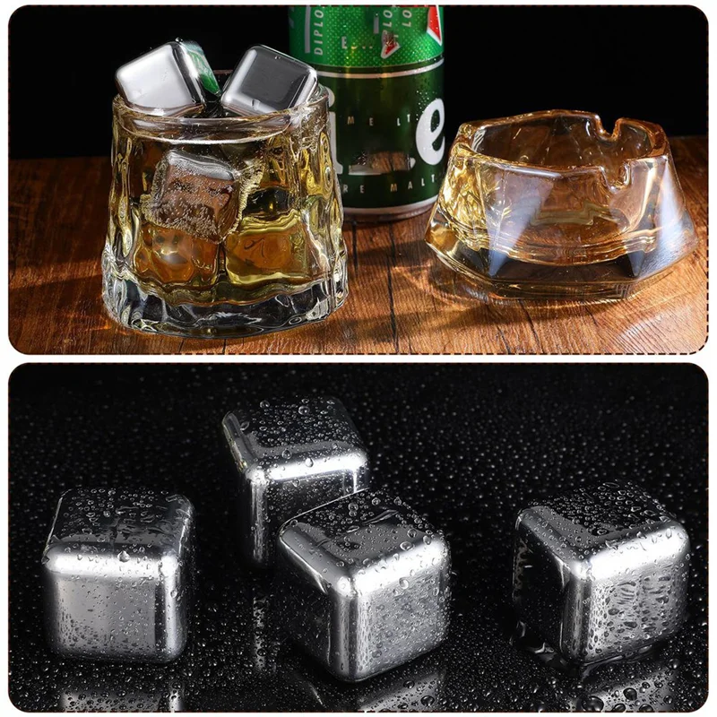 

B52C Reusable Metal Whiskey Stones 24-Pack Stainless Steel Ice Cubes High Cooling Chilling Blocks Rock With Ice Tongs For Drinki