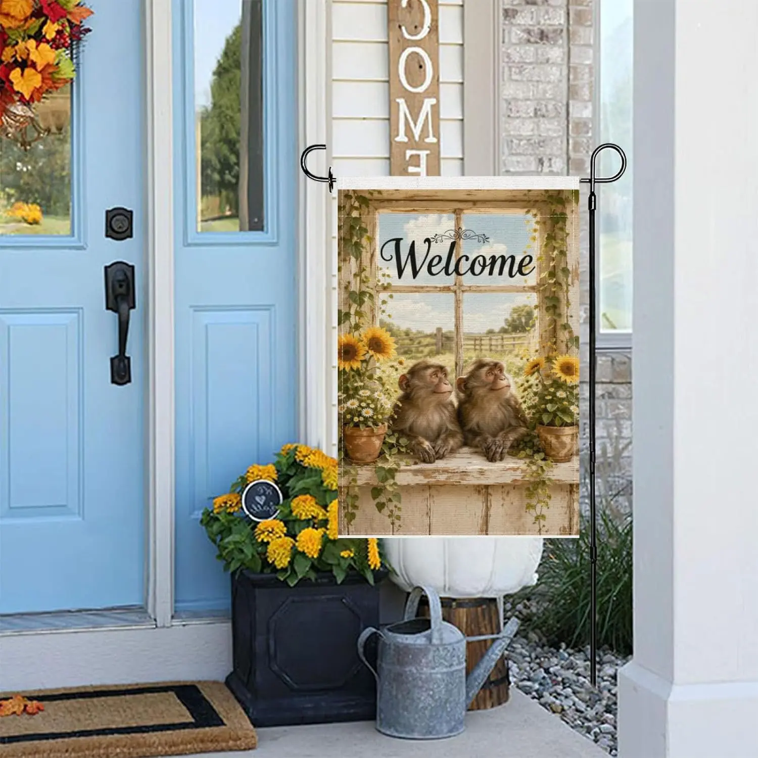 Funny Monkey Welcome Garden Flag 12x18Inch,Cute Animals Rustic Farmhouse Home Decor,Window Scene Sunflowers Daisy Flowers Do AAS