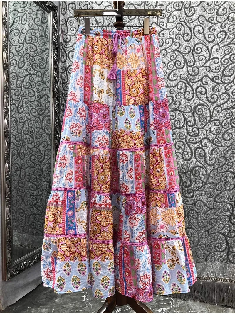 

Bohemian Beach Long Skirt 2024 Summer Fashion Skirt High Quality Women Elastic Waist Vintage National Style Print Maxi Skirt