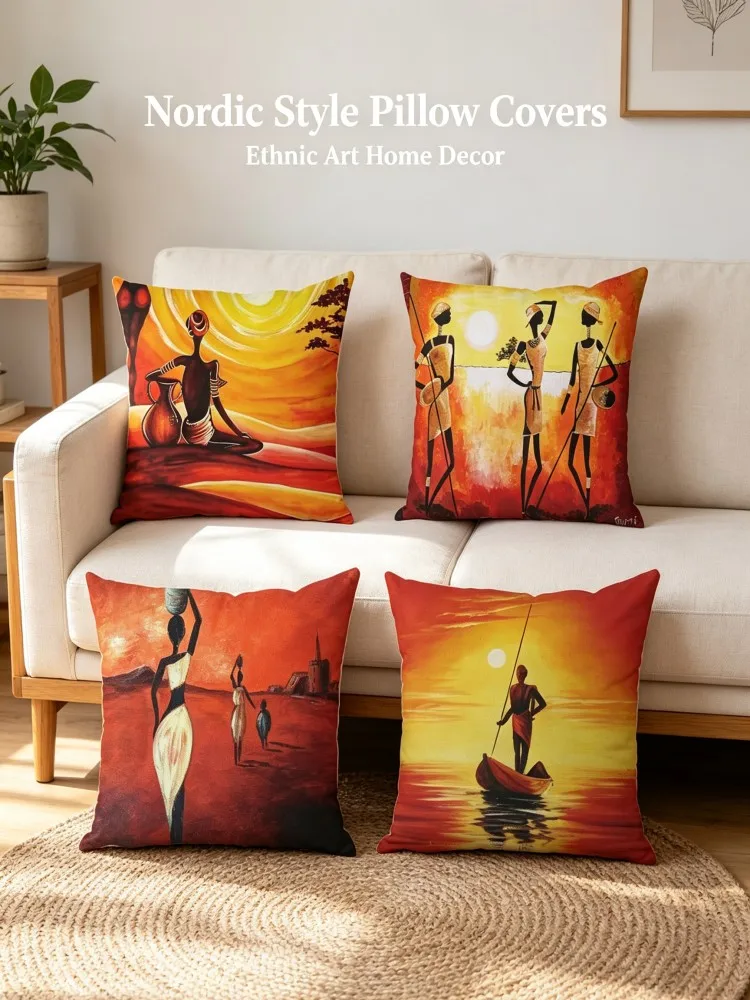 African Tribal Figure Throw Pillow Covers Vintage Sunset Oil Painting Cushion Case Ethnic Decorative Square Pillowcase for Sofa