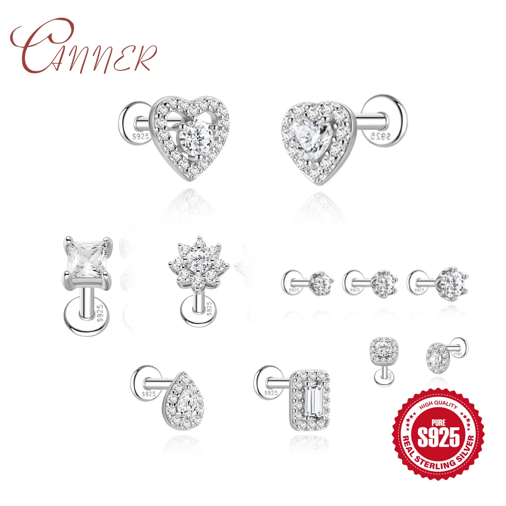 CANNER 925 Sterling Silver Sparkling Moissanite Stud Earrings Multi Shape Heart Square Teardrop Cartilage Piercing Ear Jewelry