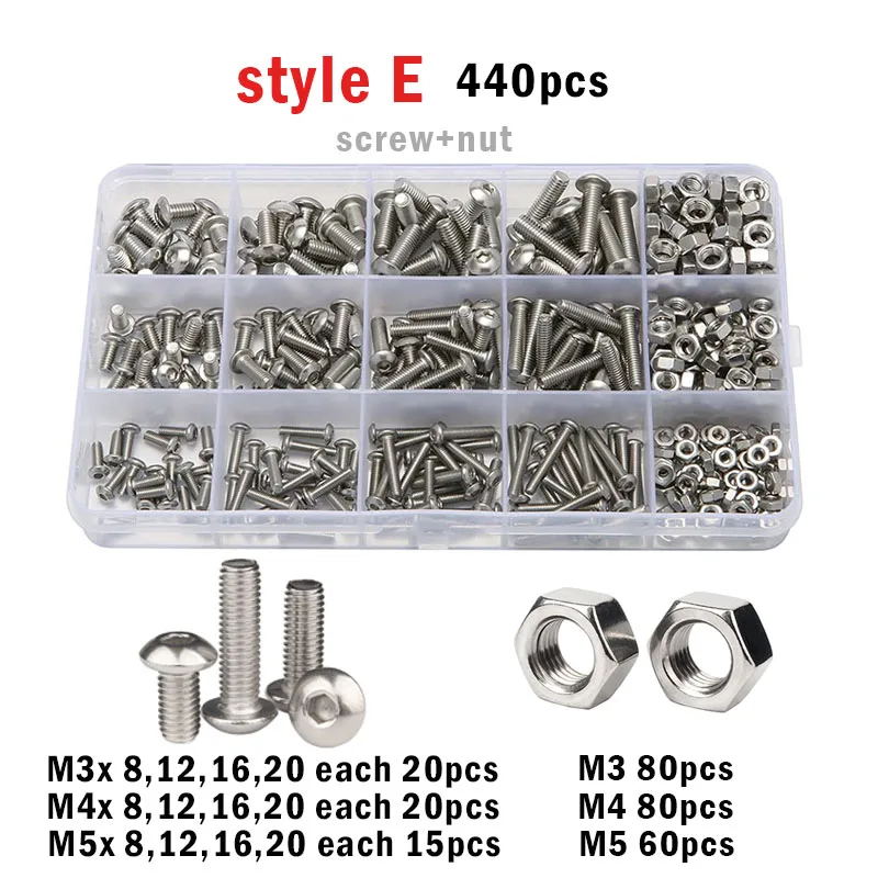 M2 M2.5 M3 M4 M5 304 Stainless Steel Screw Allen Hexagon Hex Socket Button Round Pan Head Screws Bolt Nut Washer Set Box Kit