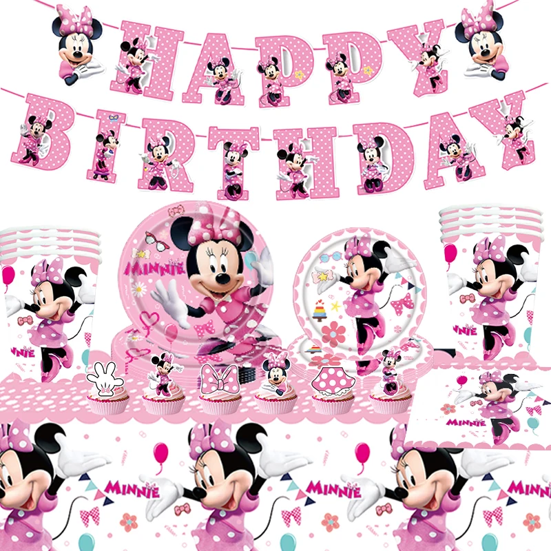 Disney Minnie Mouse Birthday Party Decoration Pink Minnie Tableware Paper Cup Plate Tablecloth Balloon Supplies Gift Baby Shower