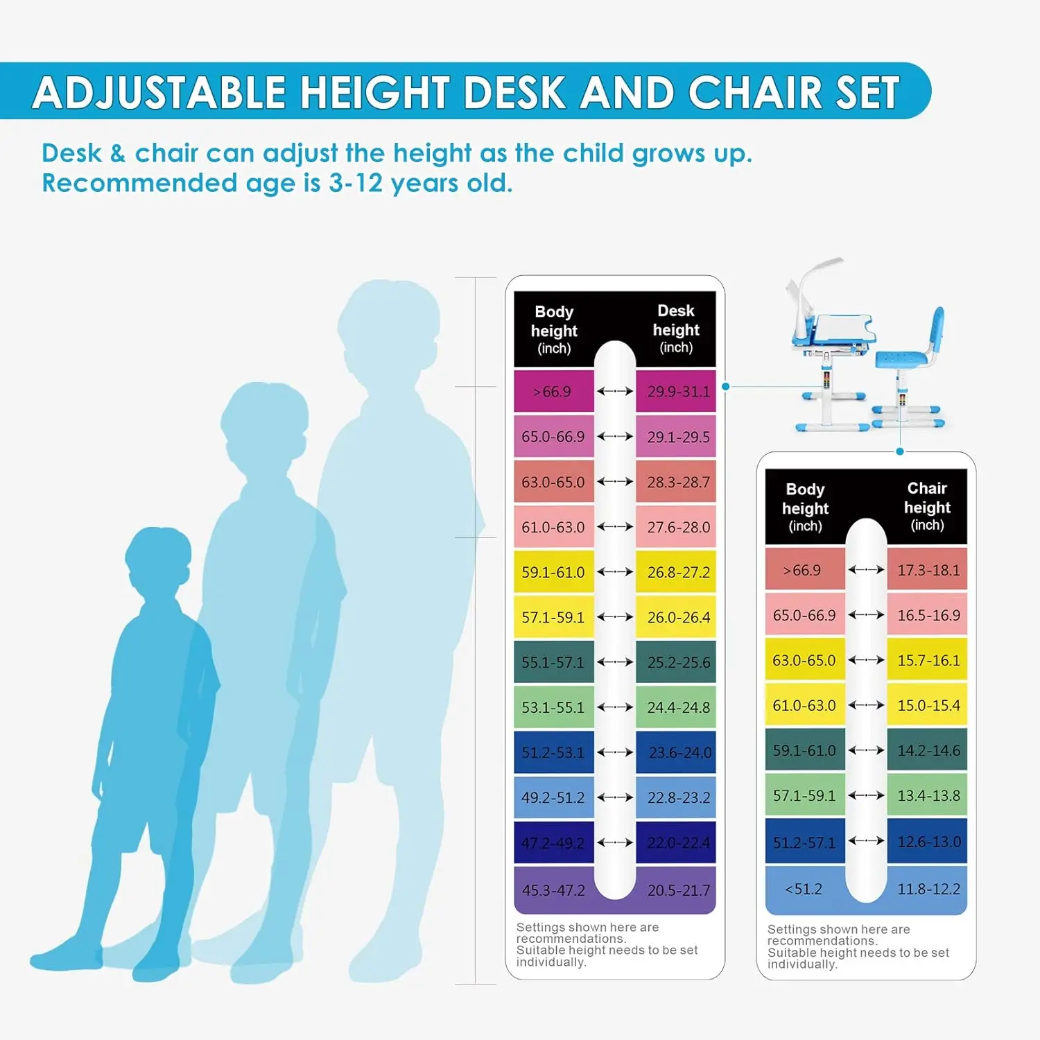 Altura ajustável Study Desk and Chair Set para crianças, mesa grande, quadro de escrita, mesa com lâmpada LED, pull out para crianças, mão