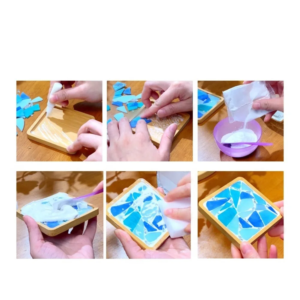 4 Pack Mosaic Coaster Making Kit Wooden Boards Glass Tiles Craft Supplies for Home Decor 9x9cm Square 9.5x9.5cm Round