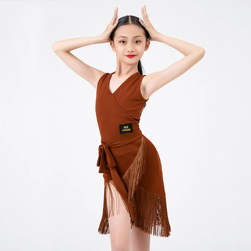 Summer Latin Dance Dress Girls Fringe Competition Clothes Brown Black ChaCha Dancing Costume Rumba Samba Practice Wear DL10611