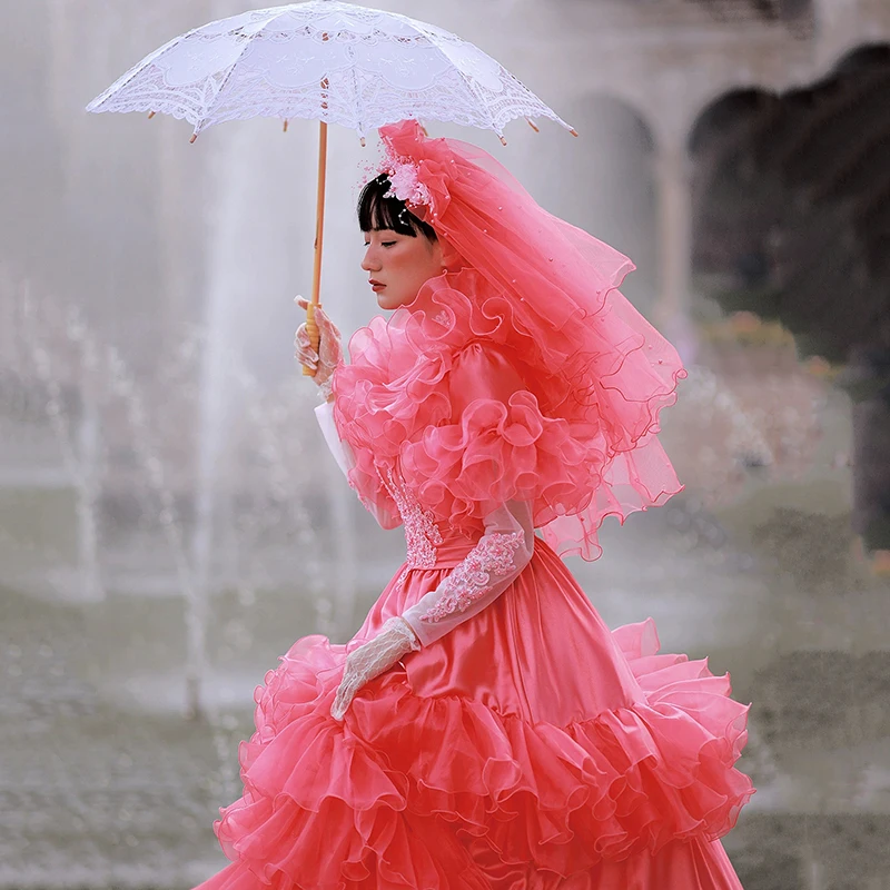 AnXin SH-vestido de novia vintage, princesa sandía, volantes de encaje rojo, hecho a mano, cuentas de flores de cristal, manga larga abullonada, antiguo, LZ