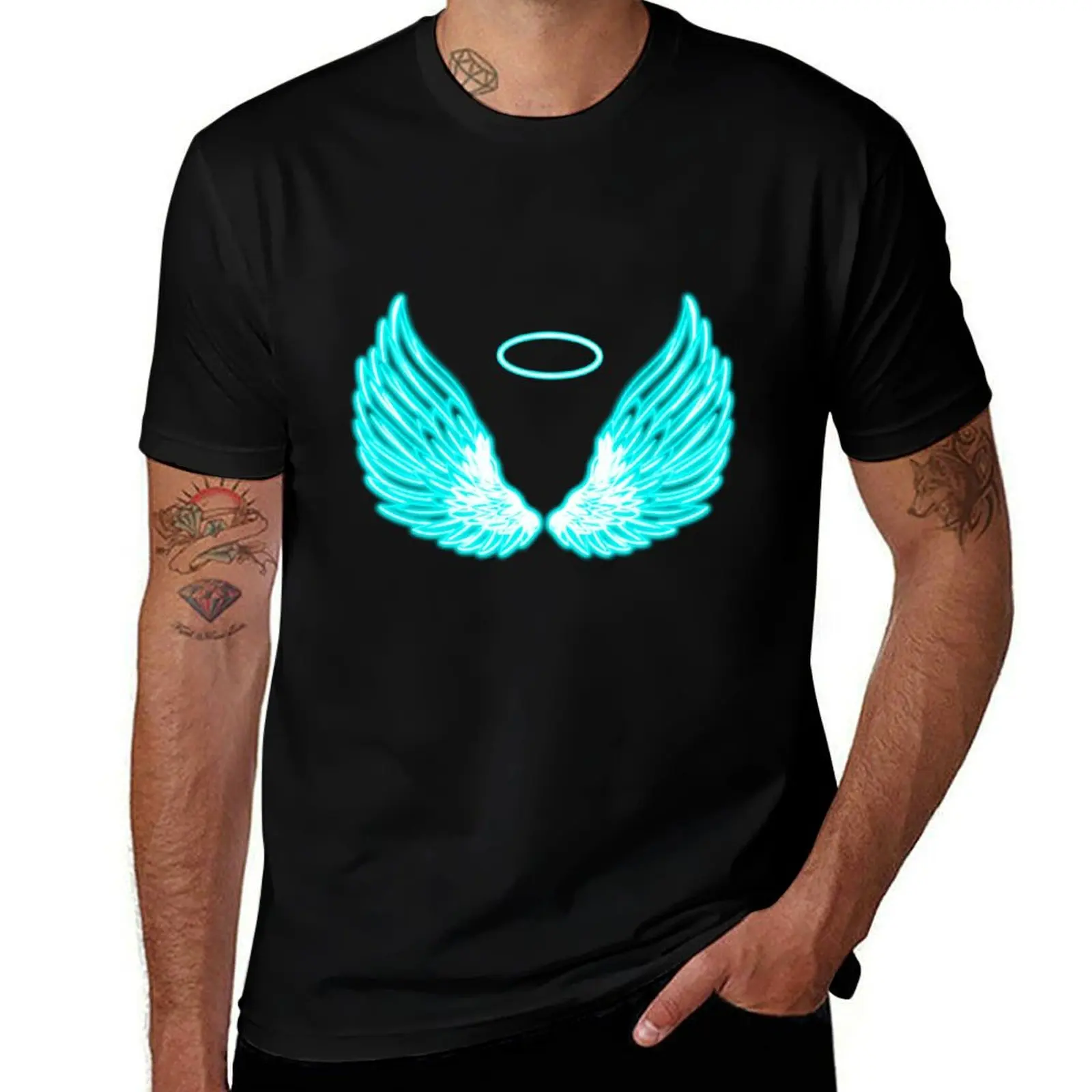 

the Angel Wings icon Glowing Blue on Neon Color. T-Shirt essential t shirt tops sports fans mens t shirt