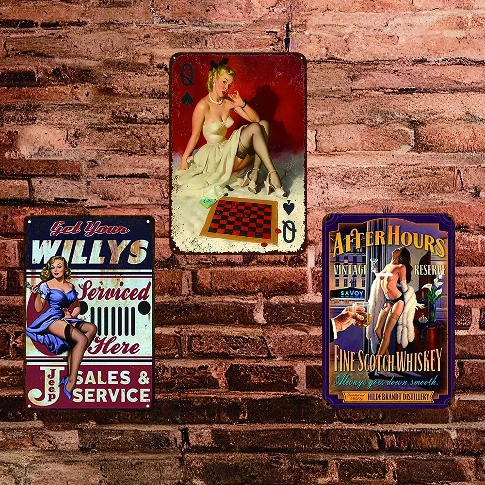 Metal Signs with Sexy Girl Illustrations, Tin Signs Funny Vintage Funny  Sayings and Pin-Up Girl Poses, Funny Signs for Men