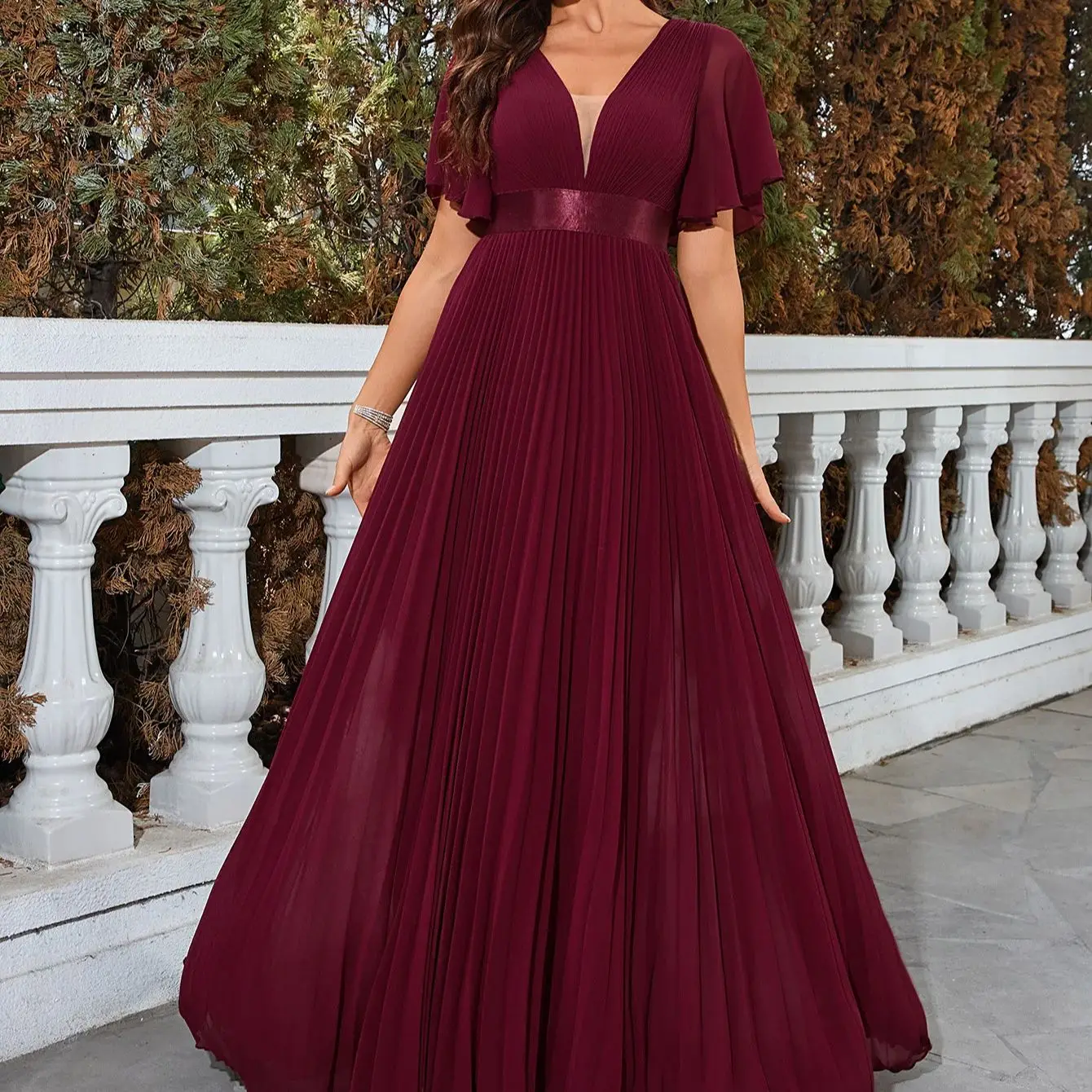 Women Summer V-Neck Chiffon Pleated Evening Dress Burgundy Bridesmaid Long Dress For Wedding Party Christmas Dress