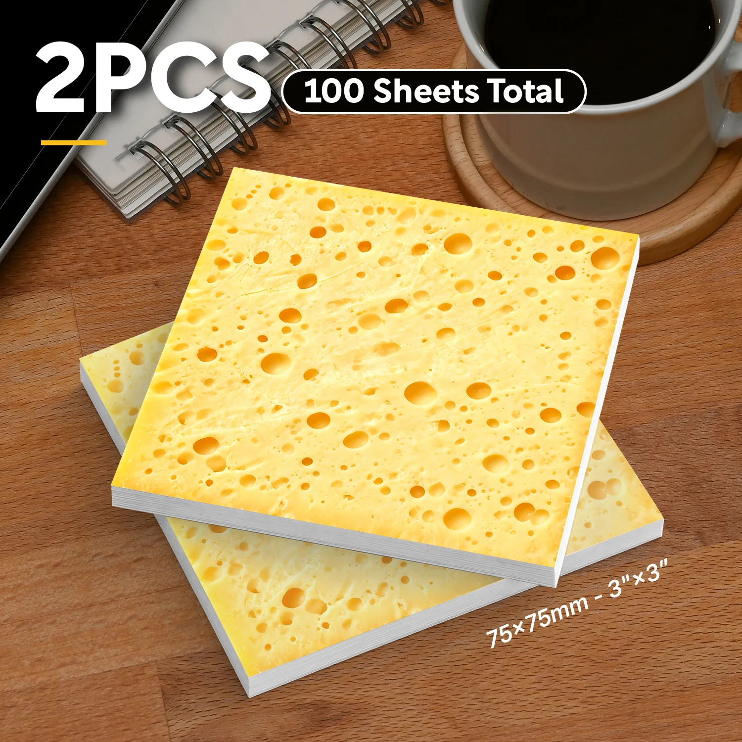 2pcs Cheese Sticky Notes, Funny Food Theme Self Stick Memo Pads, 100 Sheets Total, Kawaii Food Notepad, Removable Adhesive Notes