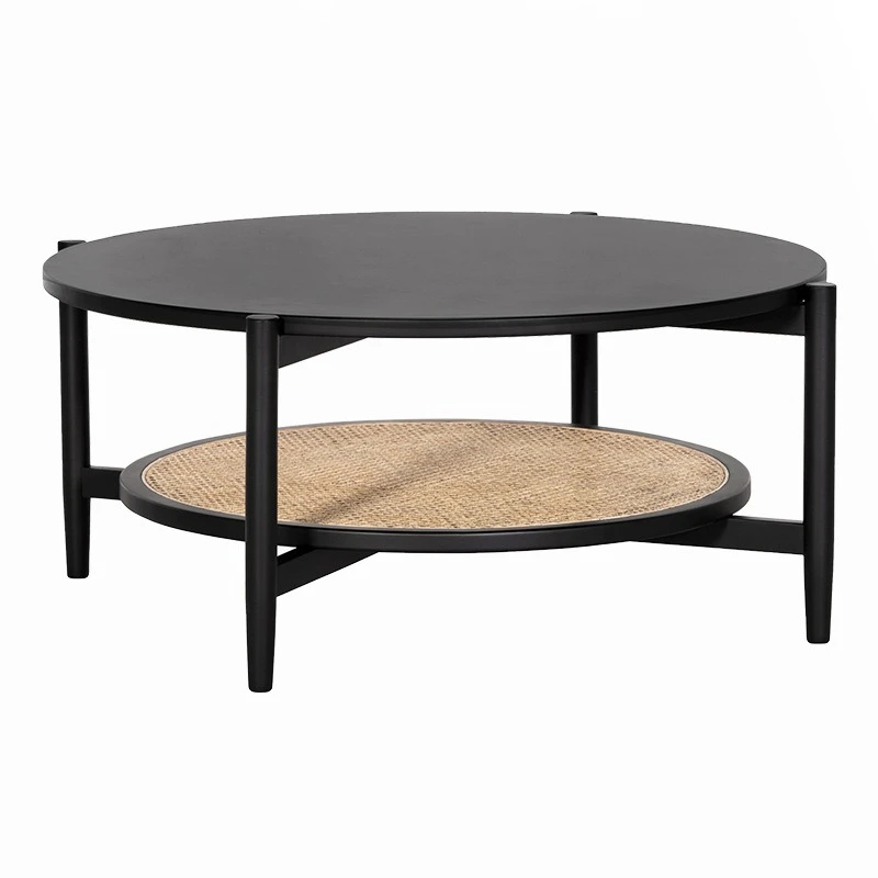 Coffee table, solid wood double-layer round table, rattan homestay side table