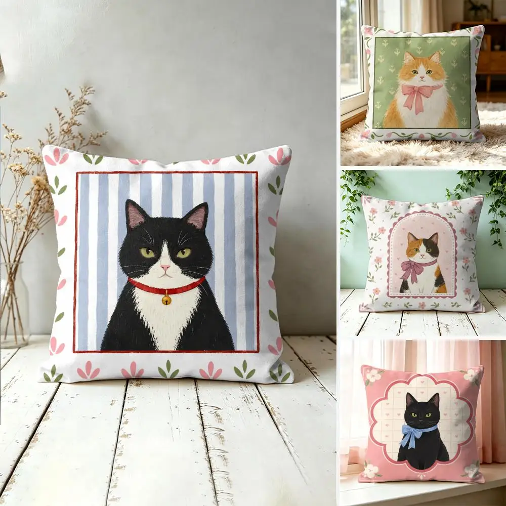 Cute Caroon Cat Portrait Photo Frame Art Pillow Case Double-Sided Plush Sofa Cushion Covers Organic Breathable Invisible Zipper