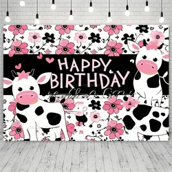 Pink Happy Birthday Cute Cow Flower Party Baby Shower Suministros Para Fiestas Photography Banner Custom Background Decoration