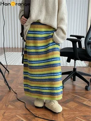 HanOrange 2024 Autumn Winter Retro Wool Contrasting Striped Knitting Skirt Warm A-line Sweater Skirt Pink Brown/Green Brown