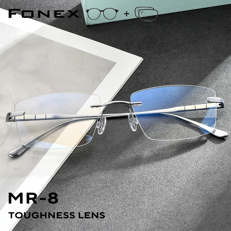 FONEX Progressive Prescription Eyeglasses Custom Myopia Optical Lenses Men Rimless Women Titanium Glasses Frames Eyewear 8555