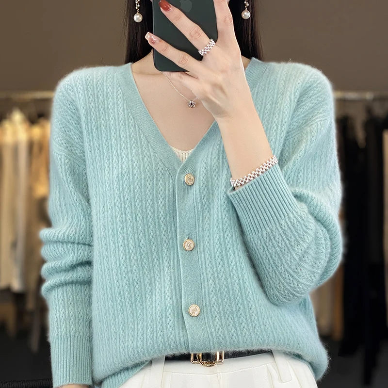 

Autumn/Winter womans clothing New 100% Wool Apparel Knitted V-neck Solid Color Cardigan Soft and Fashionable Blouse