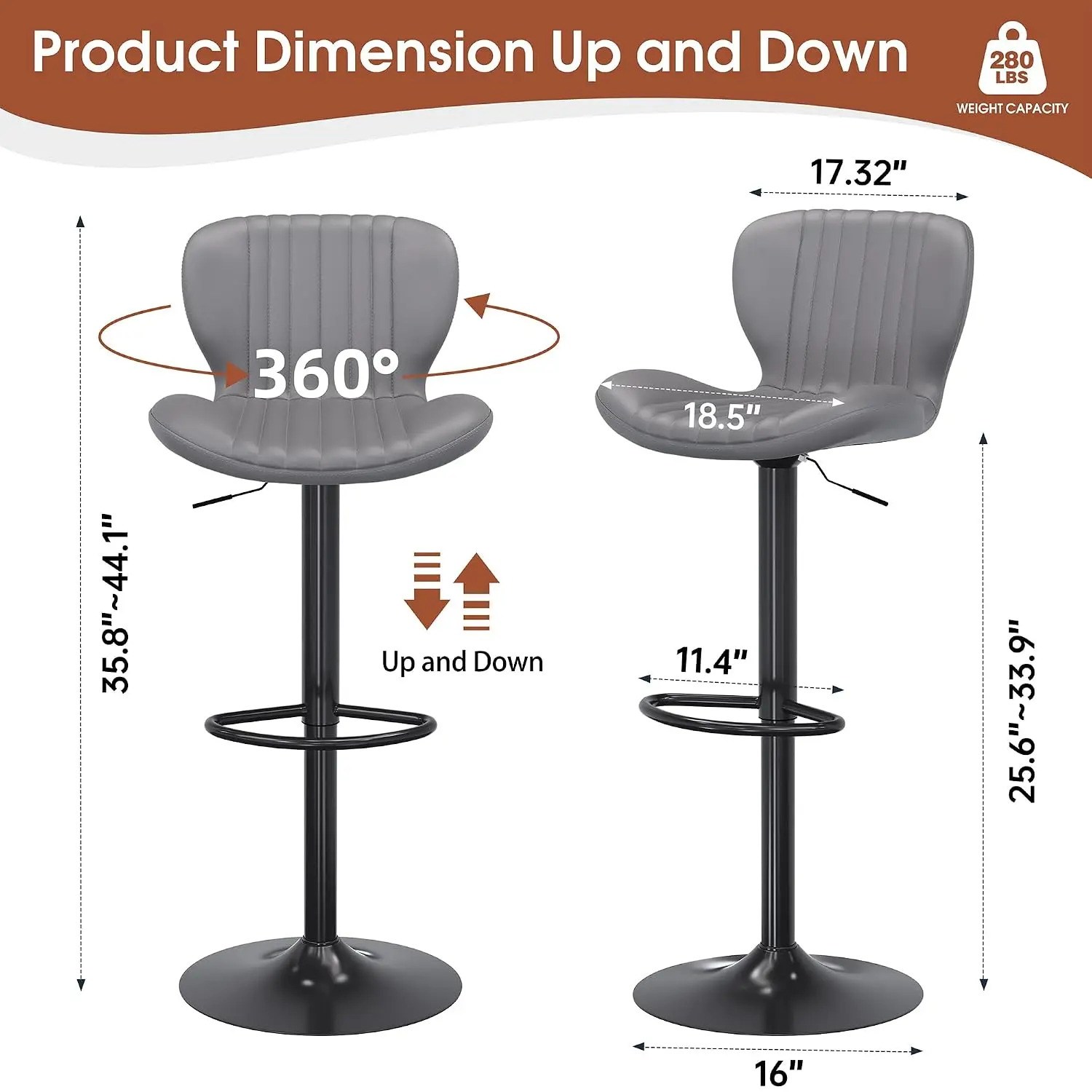 Bar Stools Set of 2, Leather Adjustable Barstools Counter Height Modern Bar Stools, Island Chairs Set of 2 for Kitchen, Grey