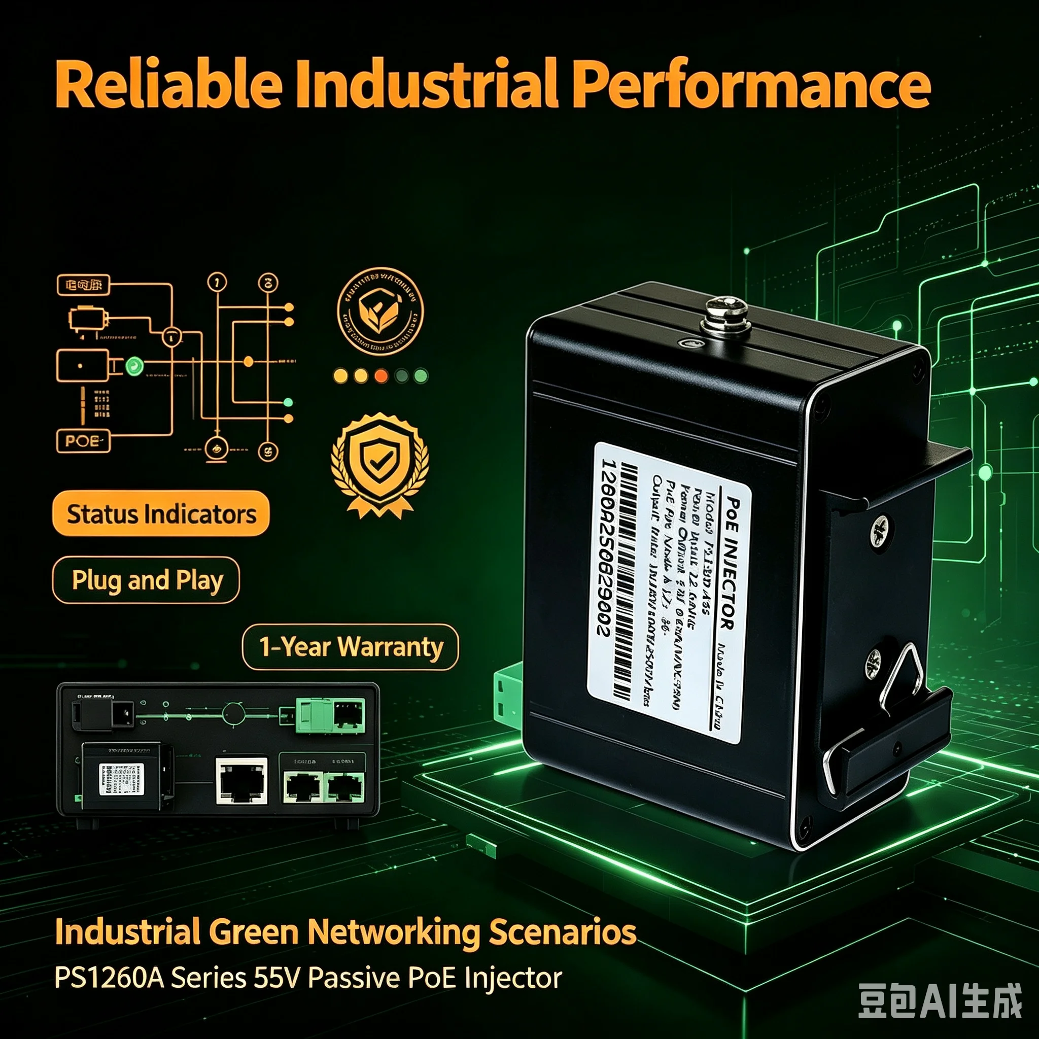 2.5G Passive POE Injector with 30/60/90W/150W Power Options 44-57Vdc/12-60Vdc Input 4KV Surge Protection for Network Devices