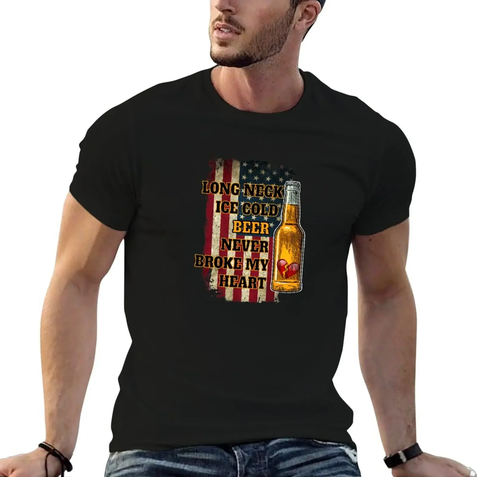 

Long Neck Iced Cold Beer Never Broke My Heart T-Shirt plain graphic tee shirt customizeds heavyweight t shirts for men