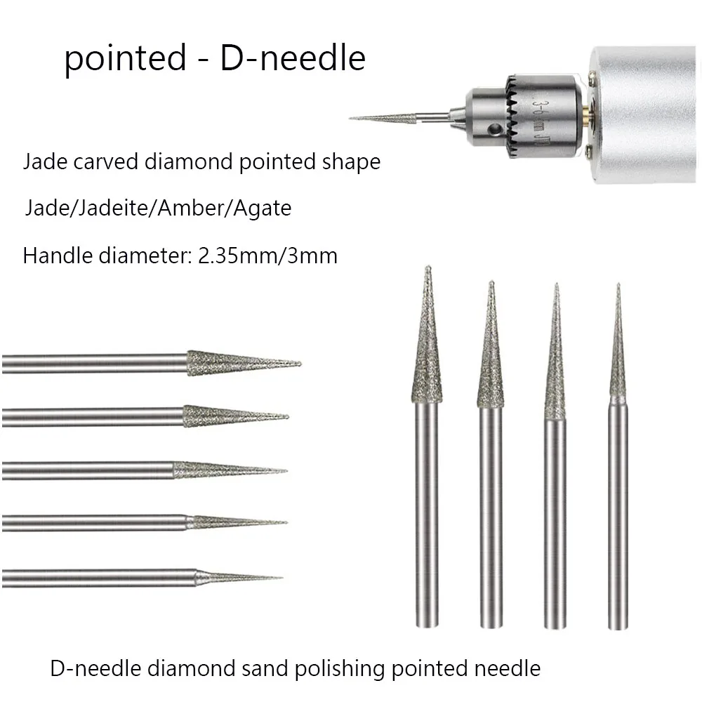 10 Pcs D needle carving, hole drilling, grinding, electric diamond grinding head, jade hole drilling, pointed needle grinding he