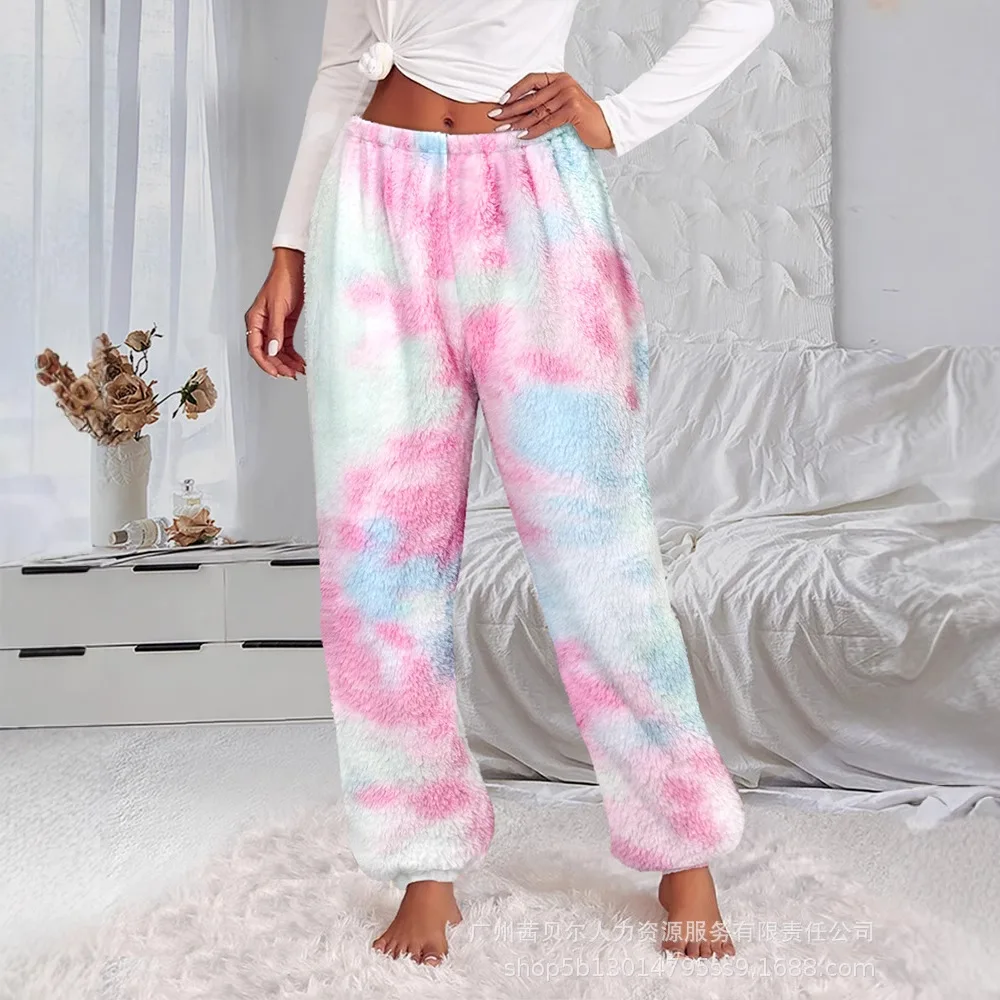 Autumn Winter Home Wear Women's Clothing Tie-dye Double-sided Velvet Home Trousers Pants Loose