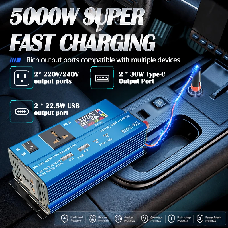 5000W Modified Sine Wave Car Power Inverter DC 12V/24V To AC 220V 240V LCD Display Type-C PD QC USB Solar Off-Grid RV Camping