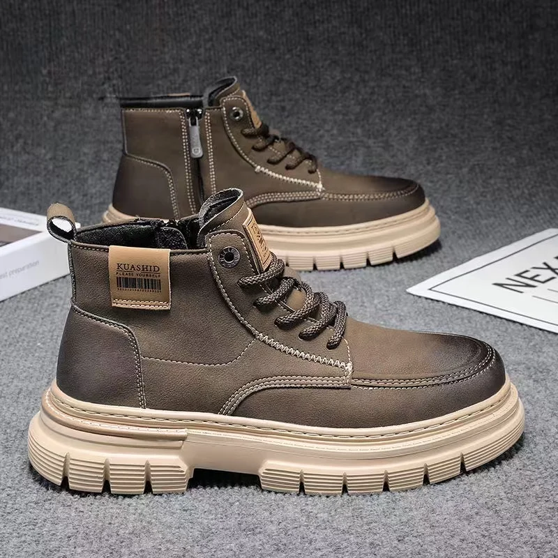 

Men's Autumn Winter Leather High Top Work Boots Thick Sole Non Slip Waterproof Lace Up Plush Warm Ankle Cotton Boots Snow Boots