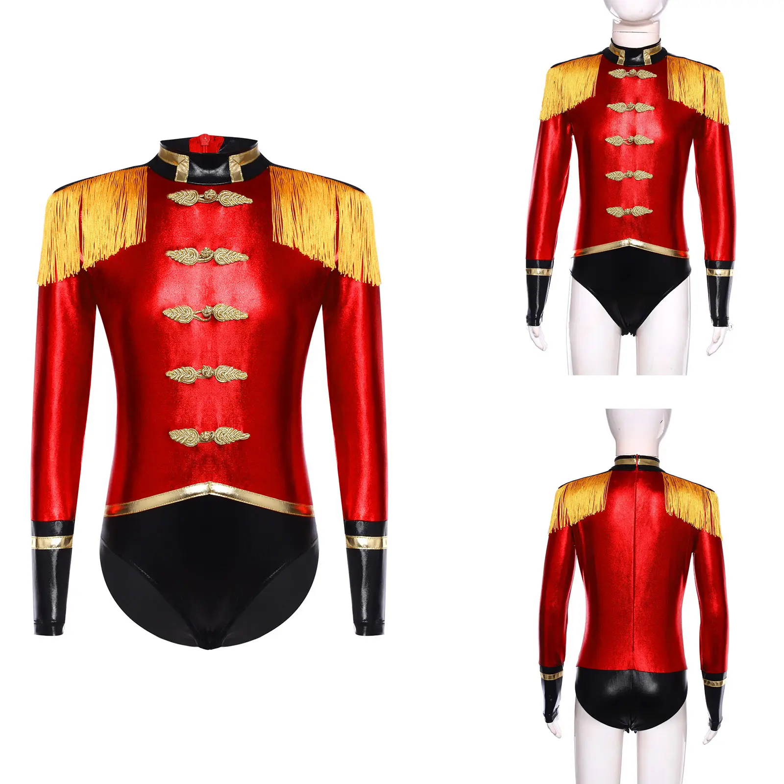 

Блестящий комбинезон Ringmaster Dress Up — блестящий купальник с длинными рукавами и погонами для цирковой тематики, косплея и ролевых игр