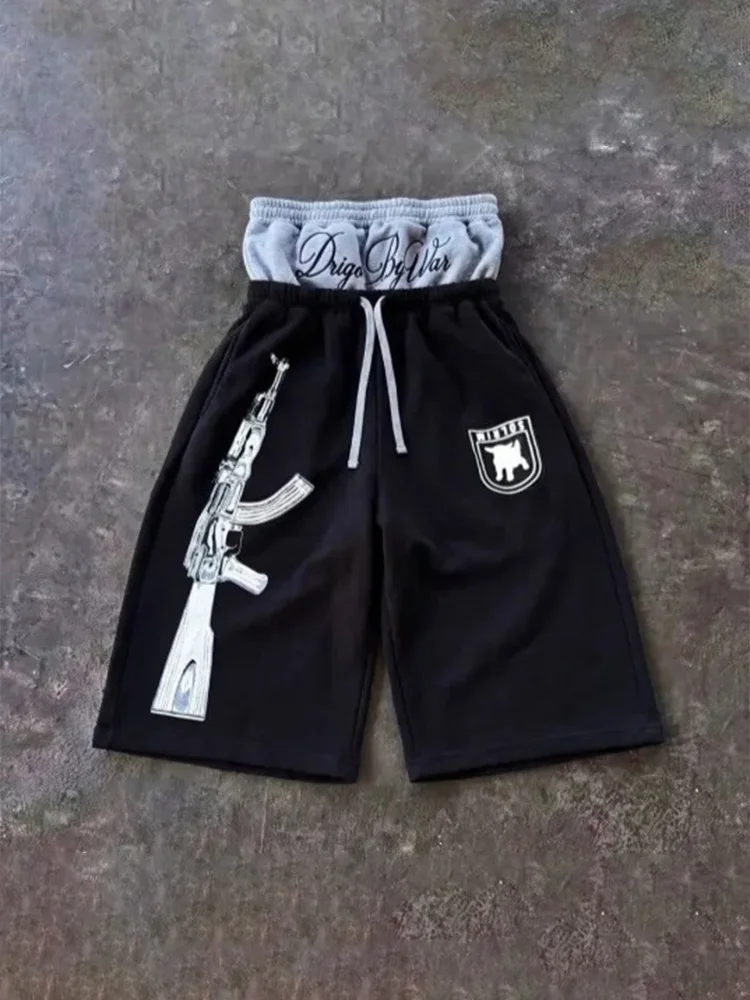 

Новые модные мужские спортивные шорты Y2K: летние, черно-серые, с двойным поясом, принтом A-K, на шнурке, широкие штанины, для повседневной носки, спортзала, уличного стиля, свободного кроя