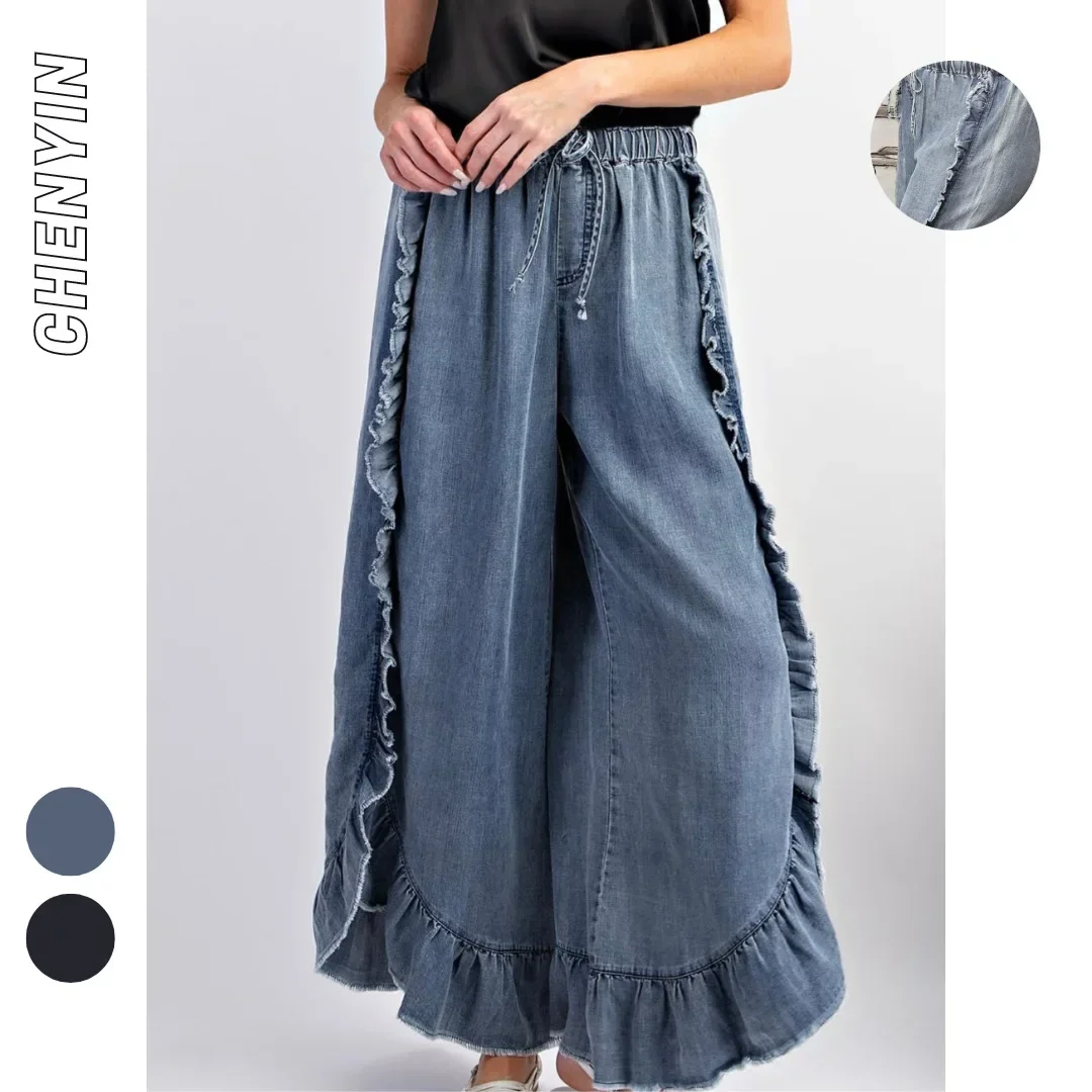 Jeans Wanita Denim Celana Flare Pinggang Tengah Serut Berenda Lotus Celana Ruffle Vintage Dicuci Tertekan 2025 Pakaian Jalanan