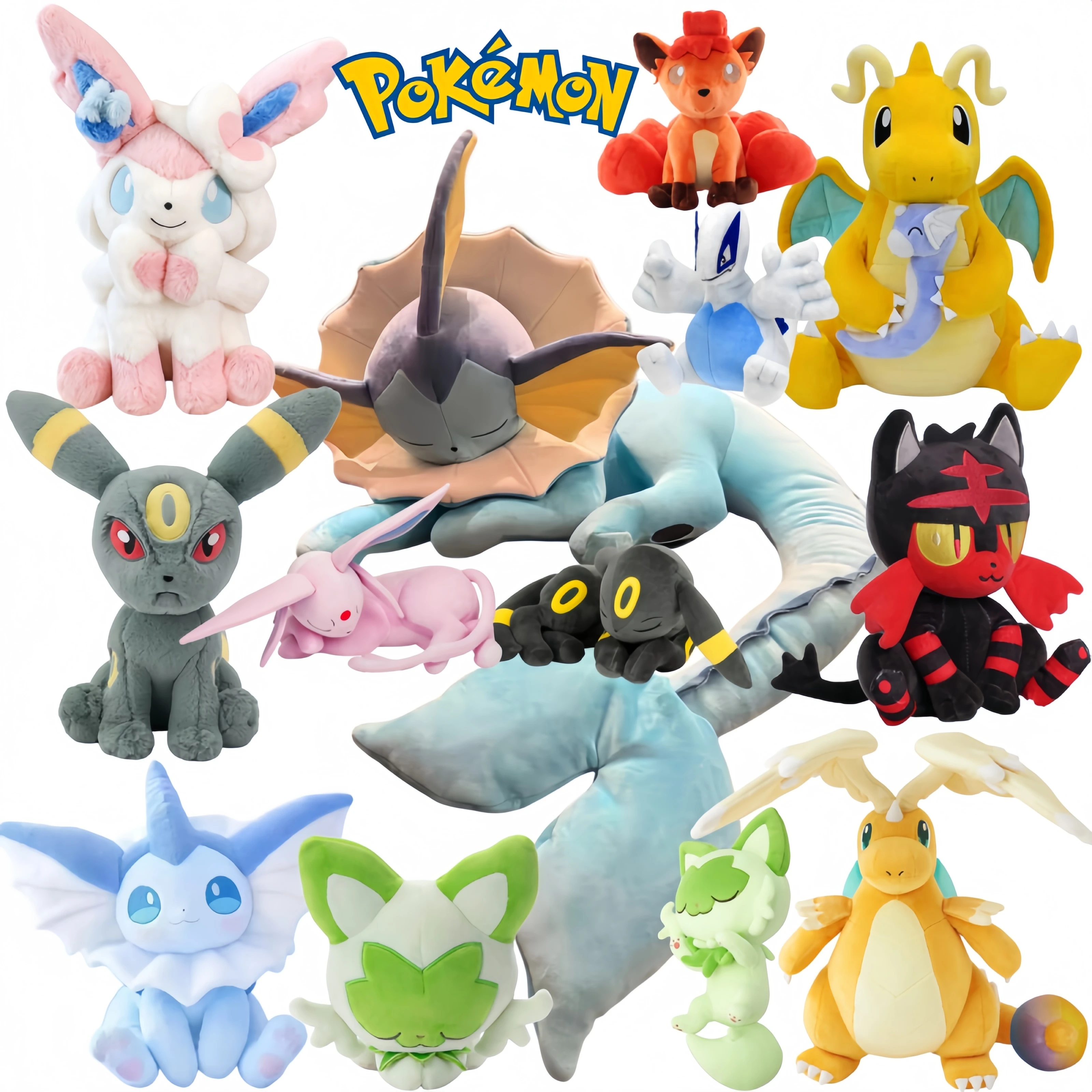 Image of Pokemon Vaporeon Sylveon Umbreon Plüschtiere Sprigatito Mimikyu Blastoise Mew Dragonite Caterpie Gengar Litten Vulpix Stofftier