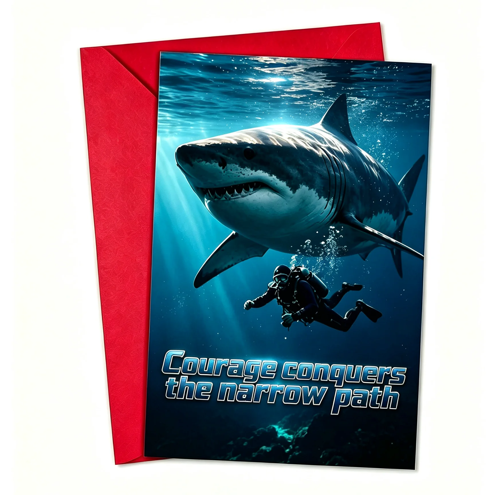 Carte de Vœux Inspirante Plongeur et Grand Requin Blanc Mer Profonde avec Enveloppe Rouge Le Courage Vainc Les Chemins Étroits Carte d'Encouragement Cadeau Motivant