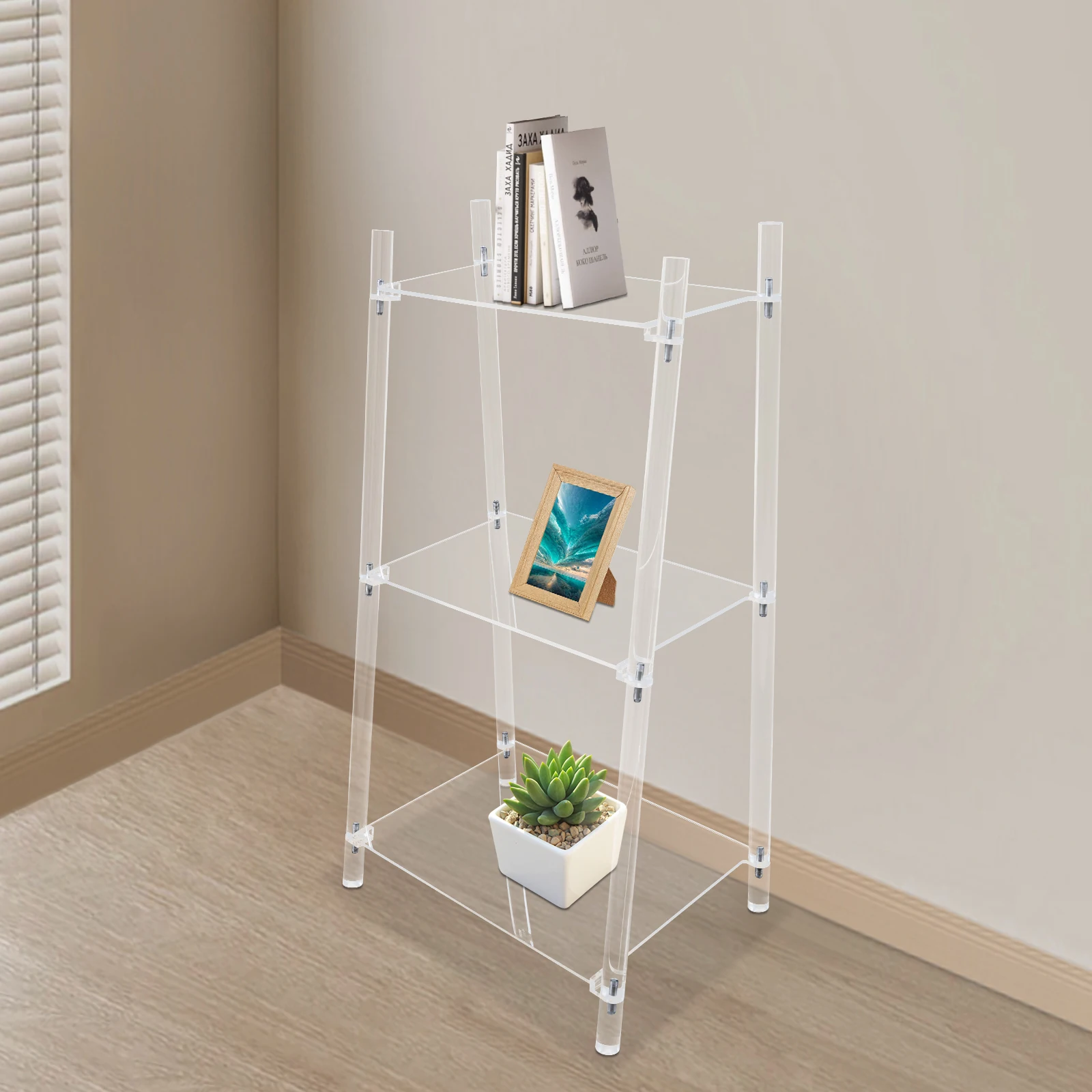 3 Tier Clear Ladder Bookshelf Book Shelf for Storing Books in Living Room, Bathroom, Office 39.6*29.5*81.3cm