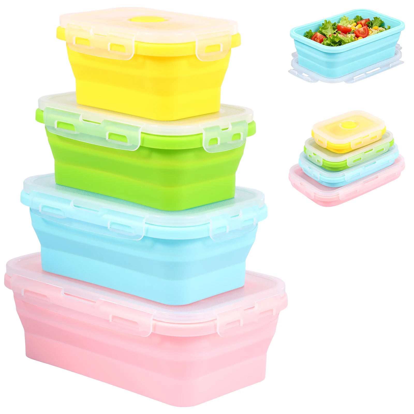 4Pc Collapsible Food Storage Container Silicone Food Container with Lid Heat Resistant Lunch Box Stackable Food Bowl for Kitchen