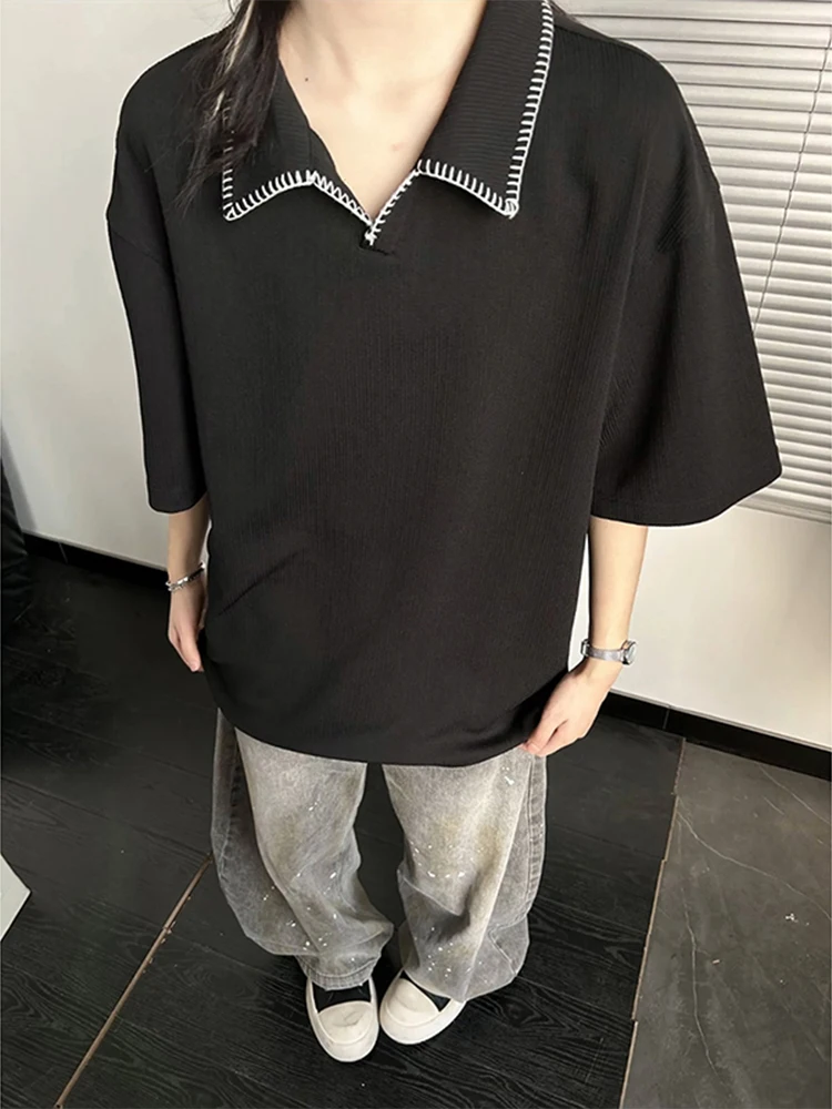 

Мужская футболка с отложным воротником, плотная, с американским текстурным узором, повседневная, с коротким рукавом