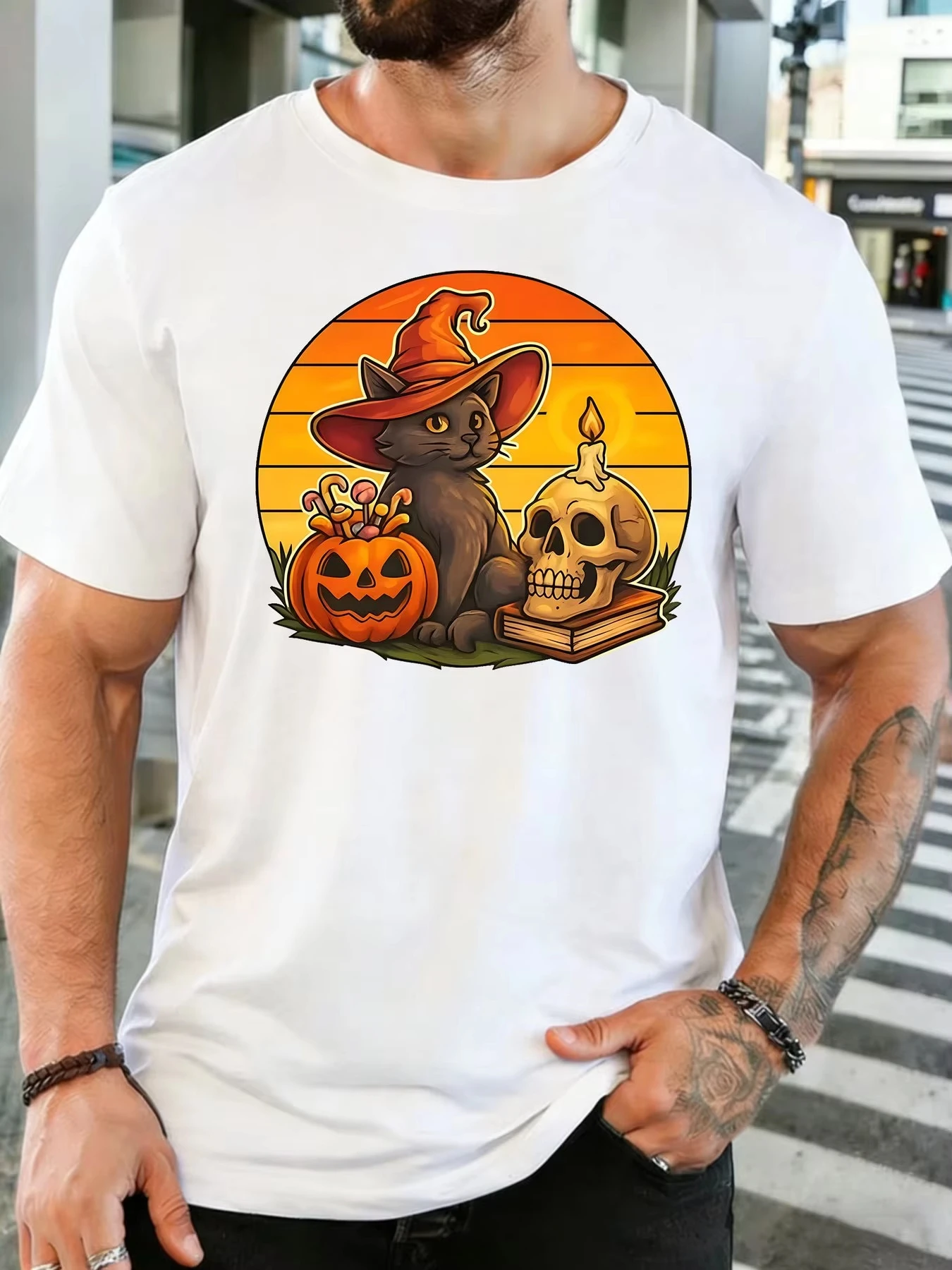 Men Women Halloween T-shirt Vintage Sunset Black Cat Witch Hat Pumpkin Skull Graphic Tee Casual Loose Streetwear Neutral Top Fun