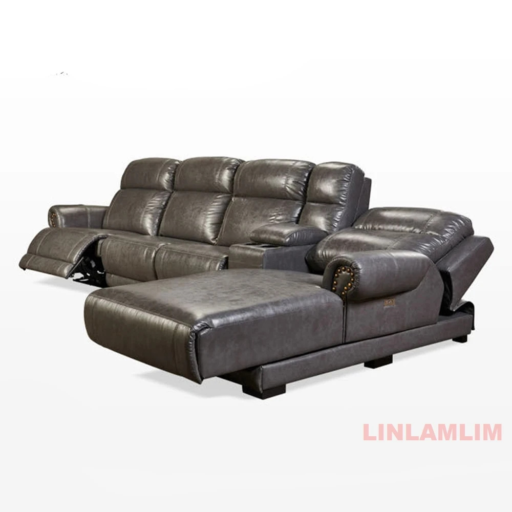 MANBAS Luxury Genuine Leather Power Recliner Sofa Set, L Shape Electric Reclining Couch with Nailhead Trim, Home Theater Seating