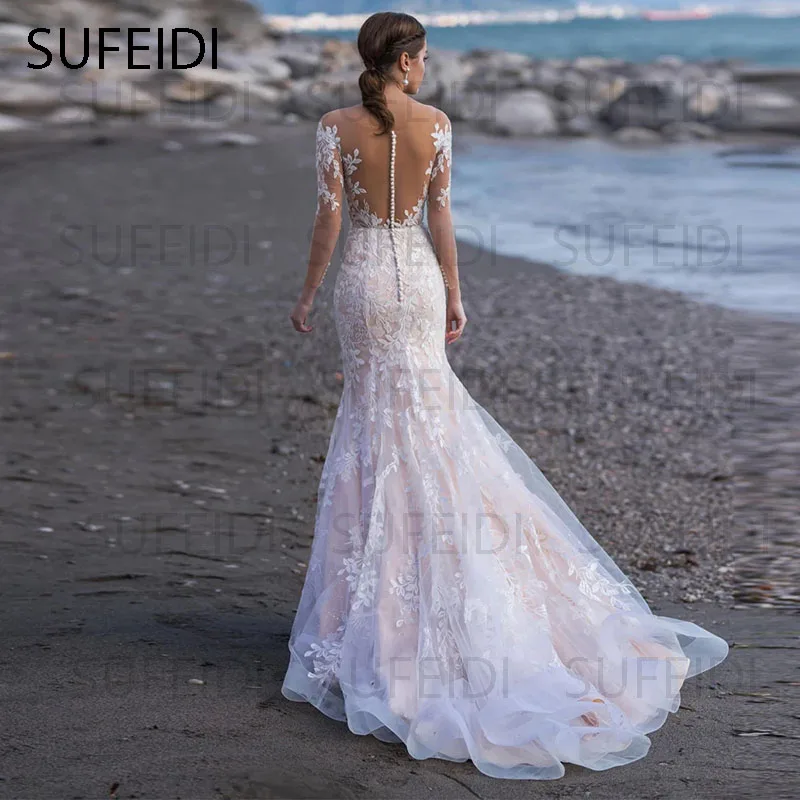 Vestido de novia de tul de sirena de manga larga para playa, vestido de novia elegante con cuello en V, Apliques de encaje, ilusión trasera con botón