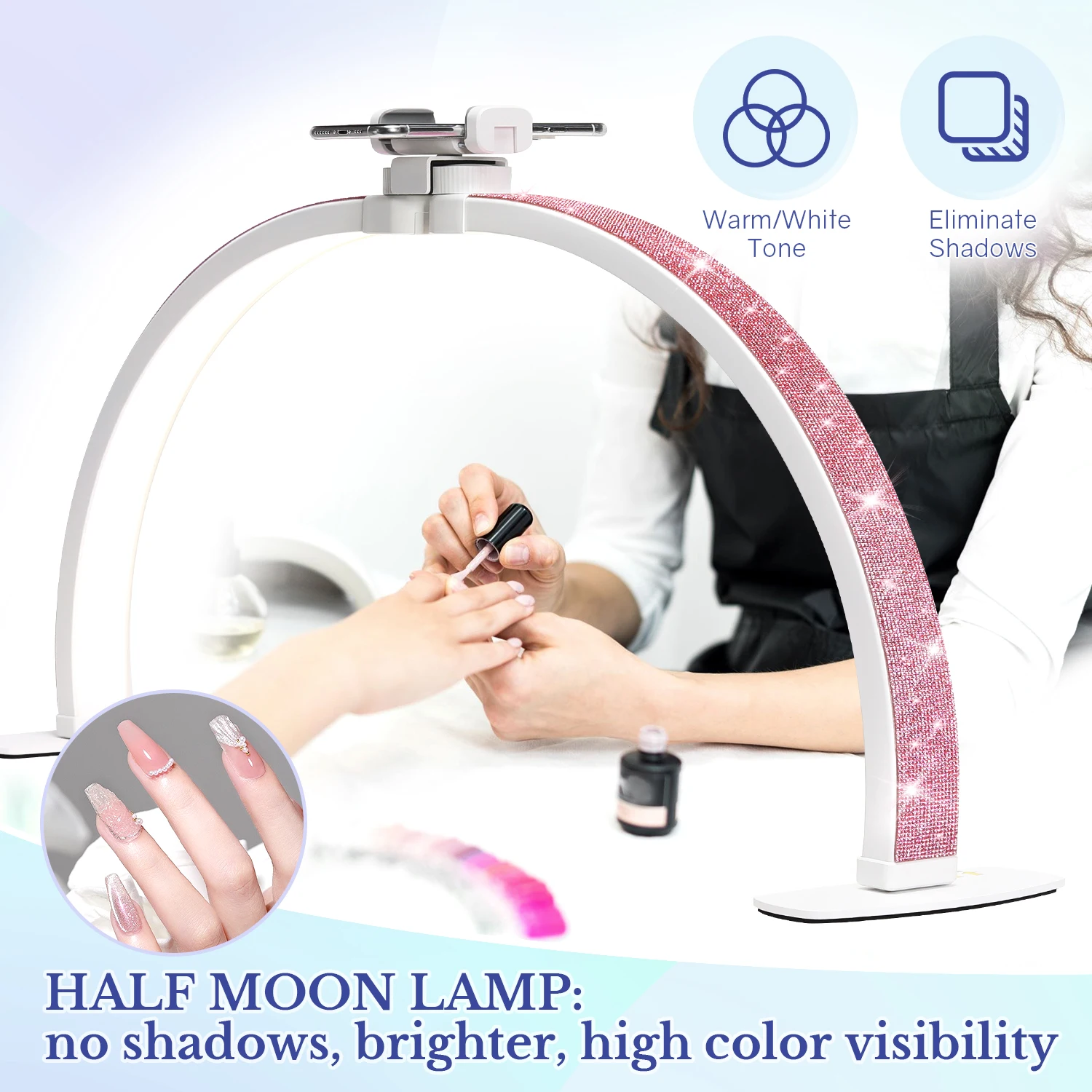 3000-6500K Nail Table Lamp With Diamond Manicure Desk Lamp With Remote LED Half Moon Light For Nails Art Tattoo Salon Eyelash