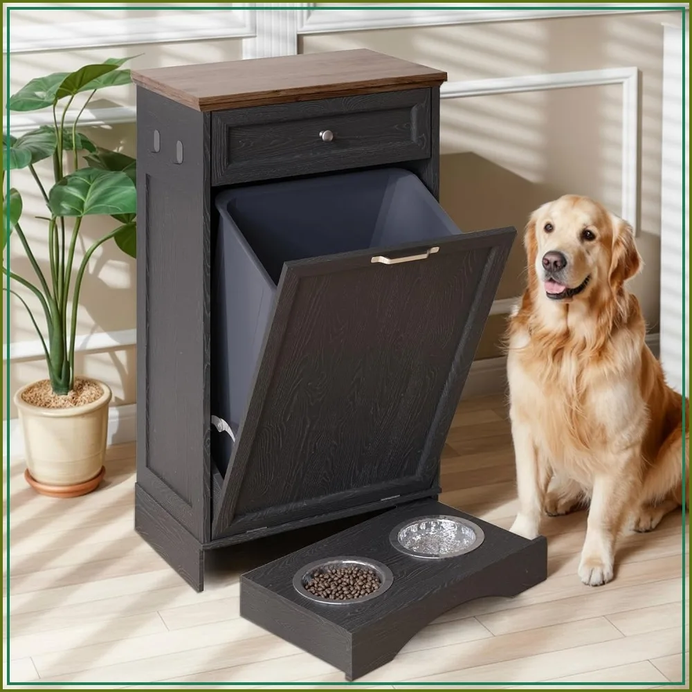 Tilt Out Trash Can Cabinet with Dog Bowl, 10 Gallon Dog Feeding Station, Storage Drawer