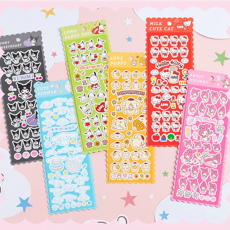 6Sheet Kawaii Sanrio Stickers Hello Kitty Kuromi My Melody Cinnamoroll Decals Anime Hand Acount DIY Sticker Kids Toys Gifts