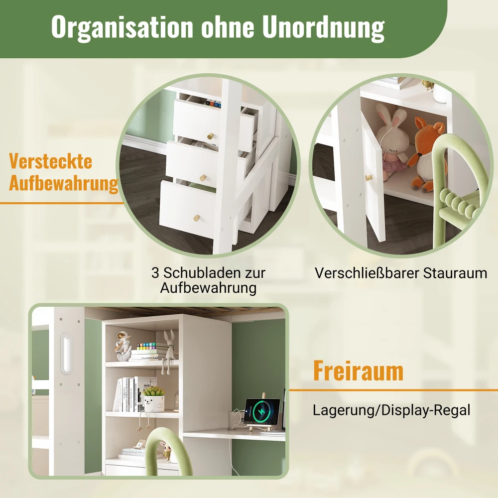 Kinderbett, Hochbett mit USB-C-Schreibtisch, Kleiderschrank, Aktenschrank, Jugend-Einzelbett mit Treppe und Gitter, ohne Matratzenraum – Detail 8