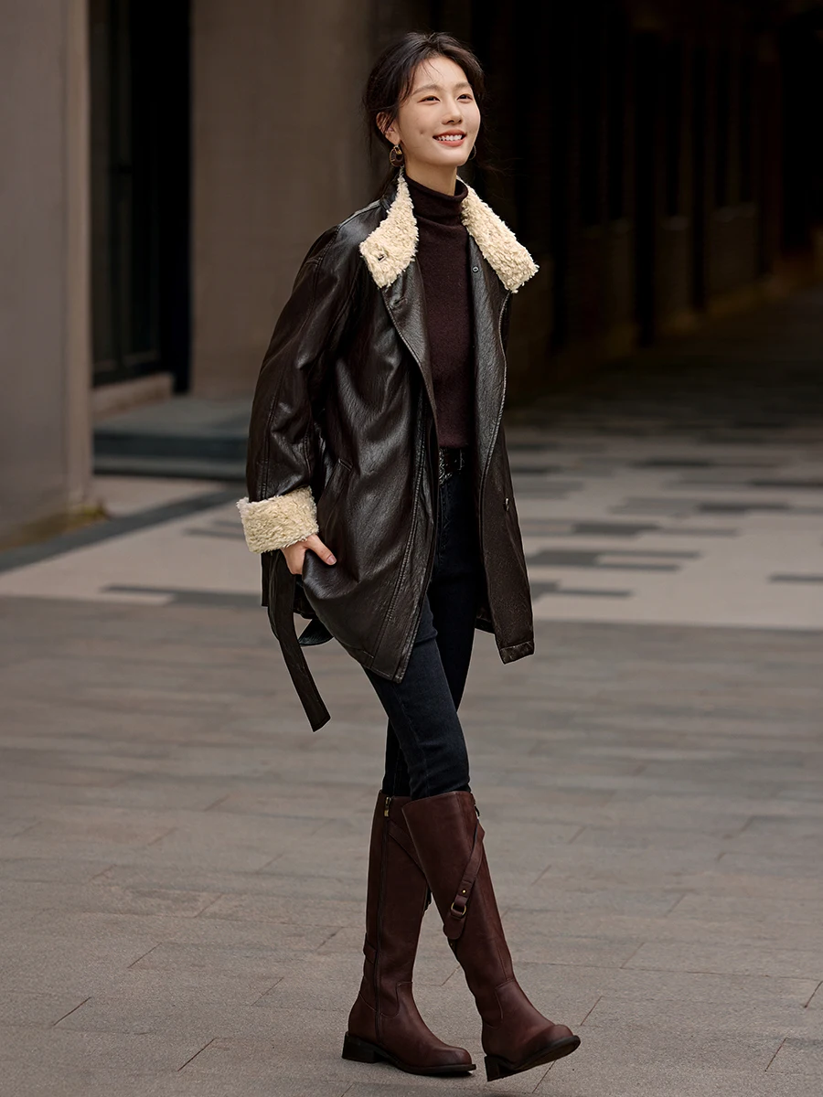 جاكيت نسائي شتوي من الجلد المبطن بالصوف بتصميم أمريكي عتيق من XWI، بلون القهوة، بحزام، بقصة نحيفة، ملابس خارجية بأسلوب كاجوال