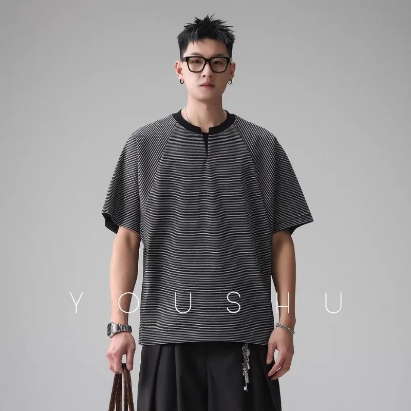 Men Vintage Stripe Raglan Short Sleeve T Shirt Loose Casual Batwing Top For 300lbs