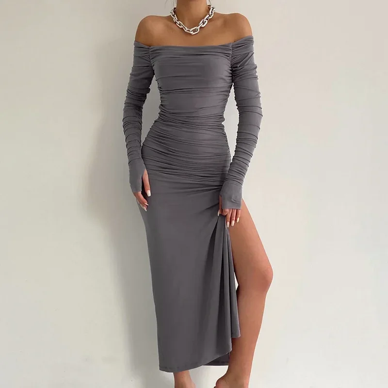 

TARUXY One-Shoulder Ruched High Slit Maxi Dress Female Sexy Slim Solid Holiday PArty Dresses Women's Long Sleeve Autumn 2024 New