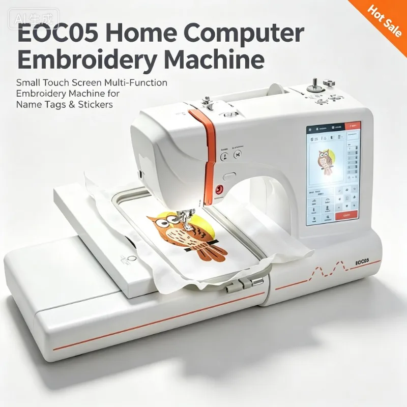 EOC05 Home Computer Embroidery Machine, Small Touch Screen Multi-Function Embroidery Machine for Name Tags & Stickers