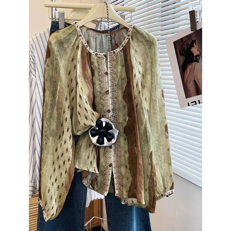 

French Retro Stylish Printed and Breasted Round Neck Long Sleeve Shirt for Women 2025 Autumn New Top
