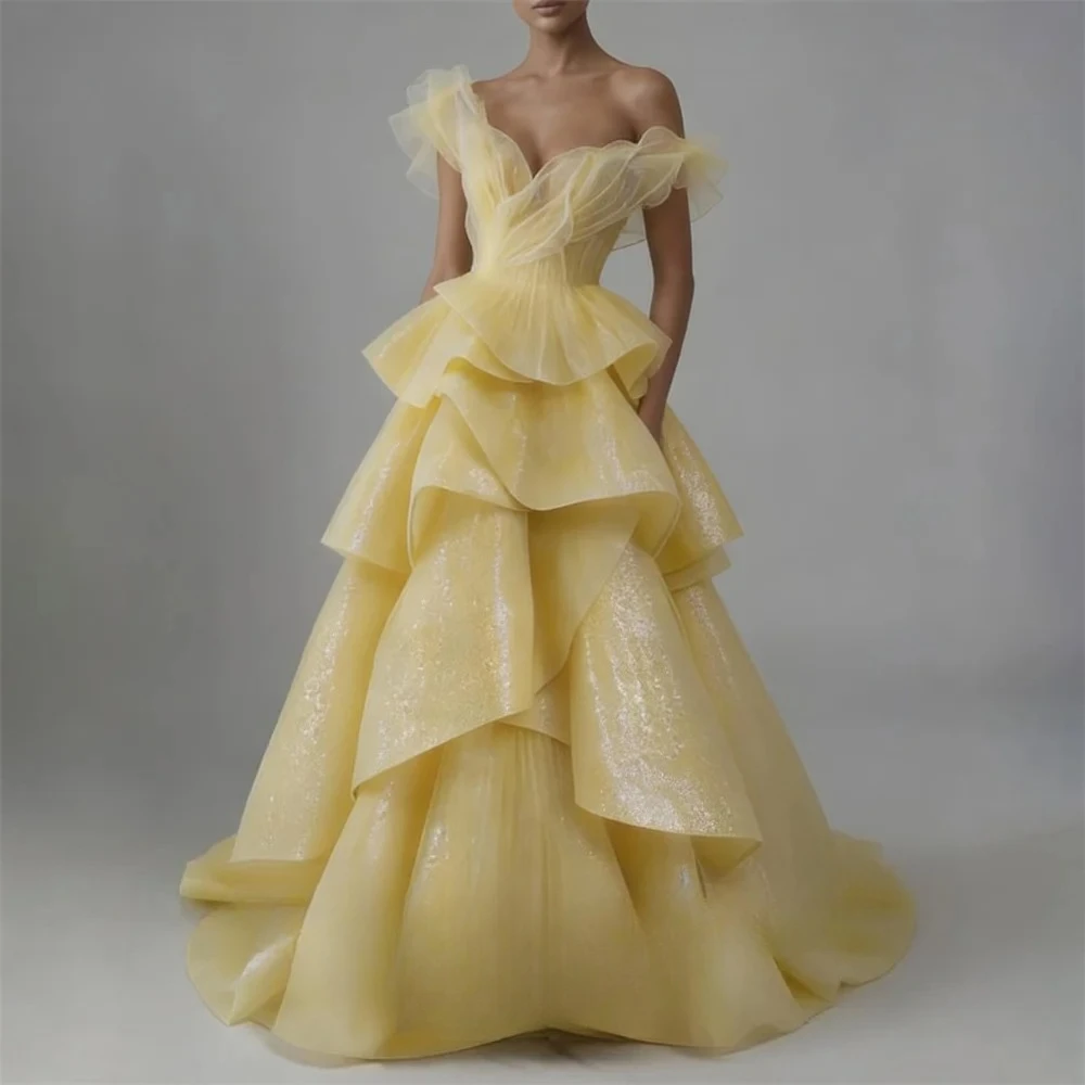 Customized Blush Yellow Party Dresses Off The Shoulder Evening Layered Tulle A Line Prom Gown Elegant for Formal Ceremony