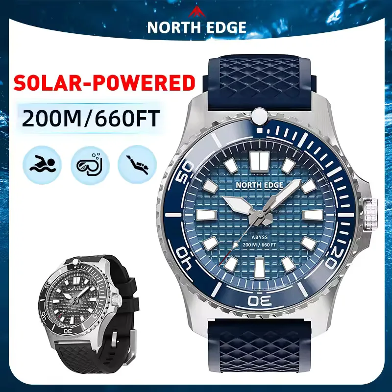 NORTH EDGE ABYSS Men Solar Powered Diving Quartz Luxury Watch 200M Waterproof Dive Sports Watches 316L Steel Case 180+ Day Power